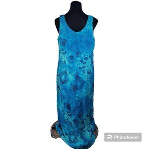 Maxi Dress Vintage 90s Blue Floral Watercolor Rayon Fully Lined Sleeveless